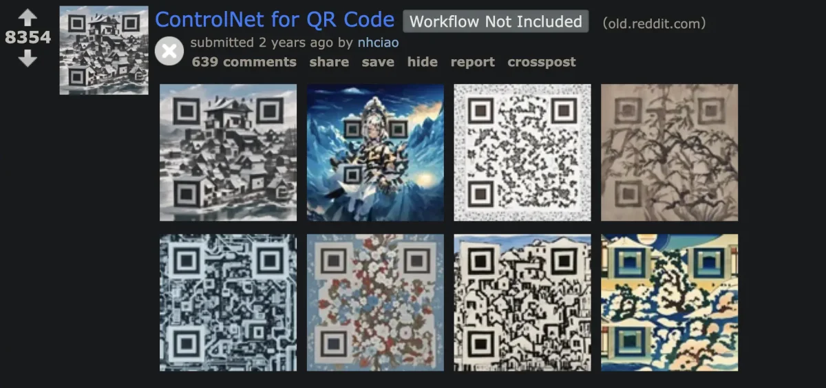 Screenshot of a Reddit post by u/nhciao demonstrating QR code generation with diffusion models