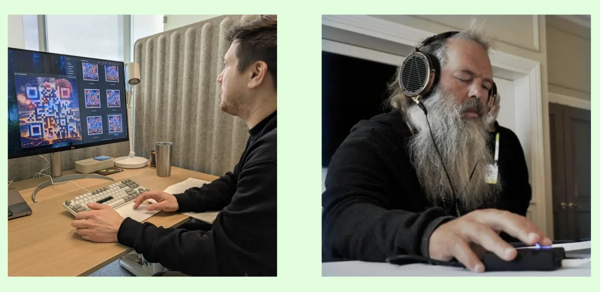 Two photographs, juxtaposed: one of the authors evaluating QArt codes manually, his pose matching that of the man in the other photograph. That man is Rick Rubin, intently producing music.
