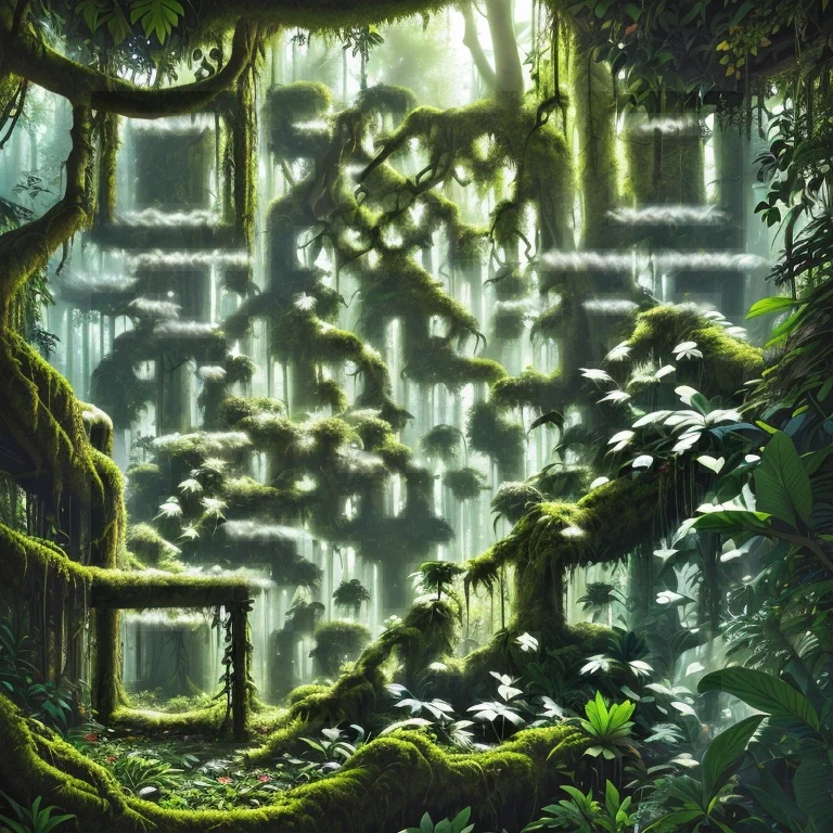 A dense jungle scene filled with towering trees, intertwining vines, and an abundance of foliage…