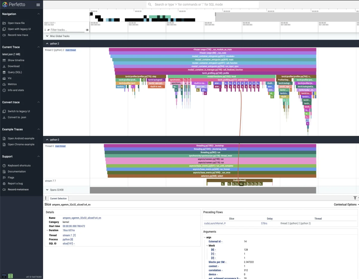 A trace of a PyTorch application with low GPU Kernel Utilization