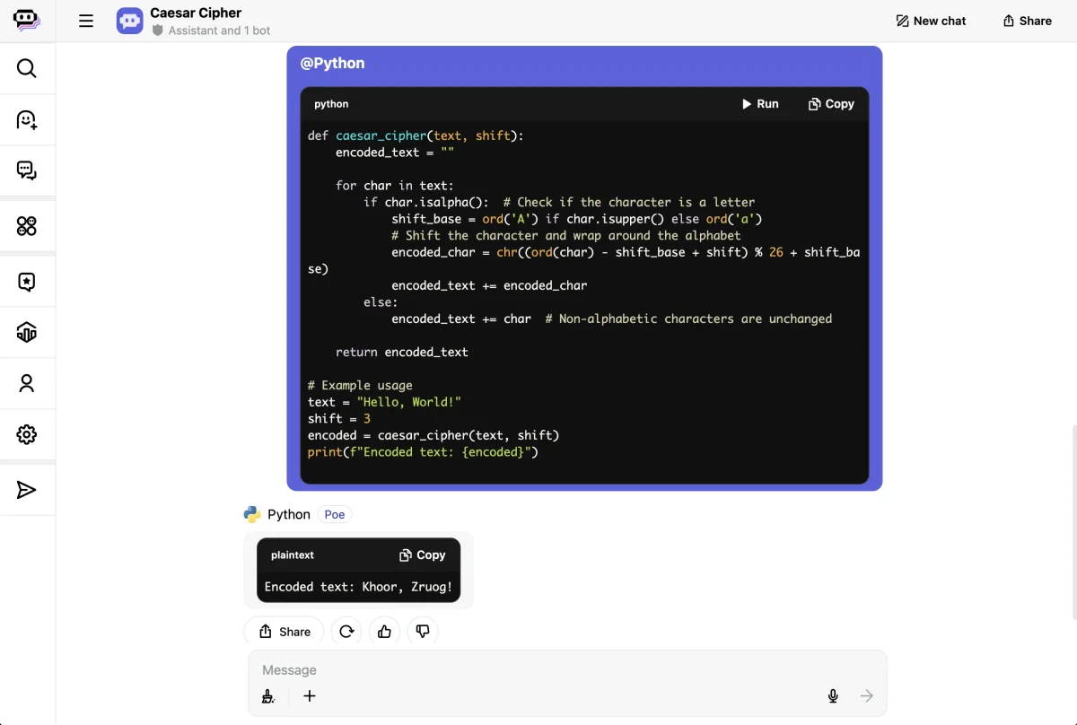 Screenshot of Poe executing code to run a Caesar cipher