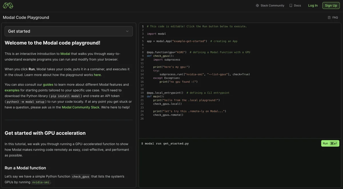 Snapshot of the Modal playground